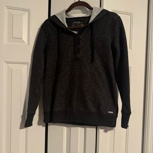 Dark gray Eddie Bauer fleece pullover with hood. Size XS